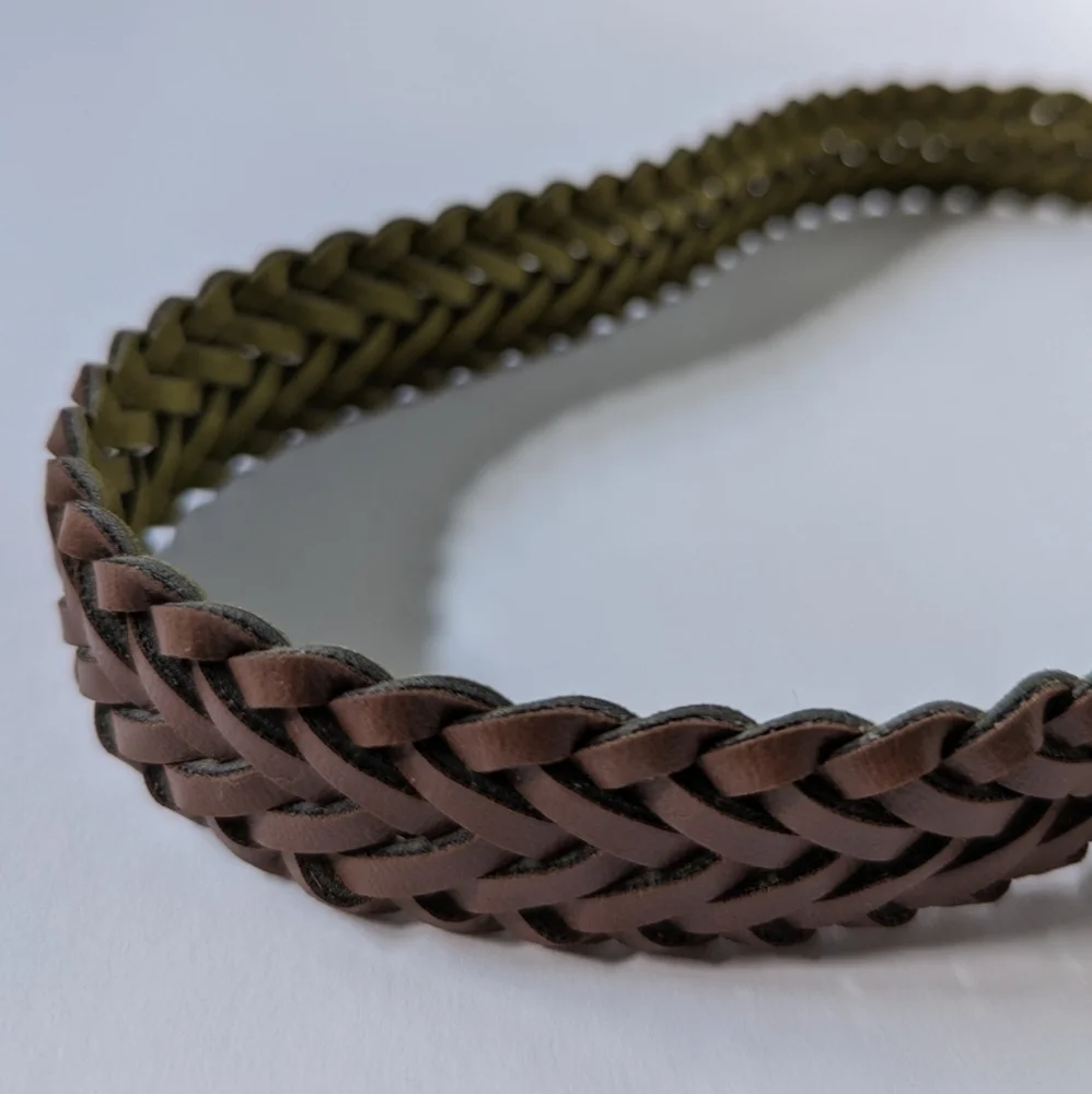 Braided Faux Leather & Suede Adjustable Unisex Belt Brown Olive Brass sz S 31 ½